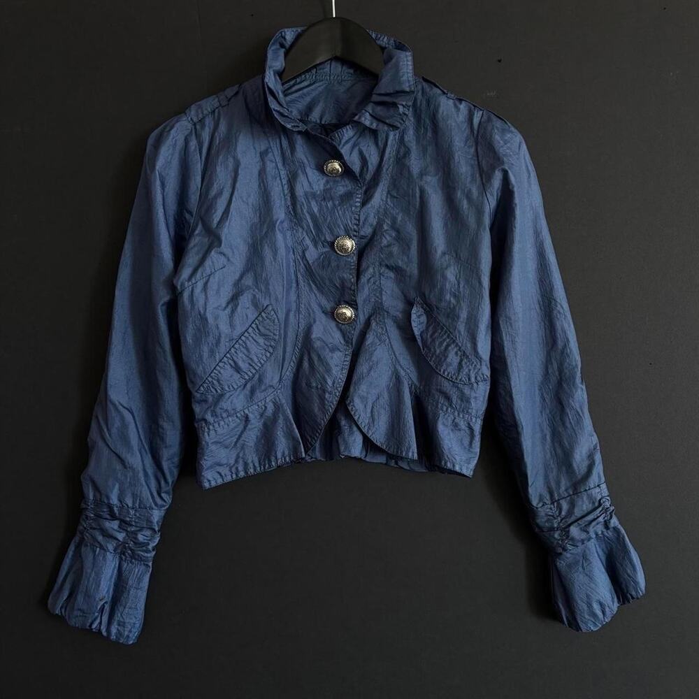 Vintage Y2K Blue Taffeta Victorian Cropped Jacket Ruffle Bell Sleeve - Size S